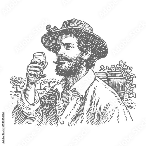 Winemaker. Vintage rough woodcut engraving linocut style vector illustration.