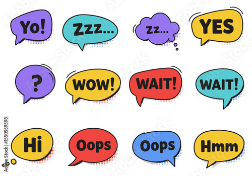 Speech bubbles with exclamations and questions in various colors with a halftone effect