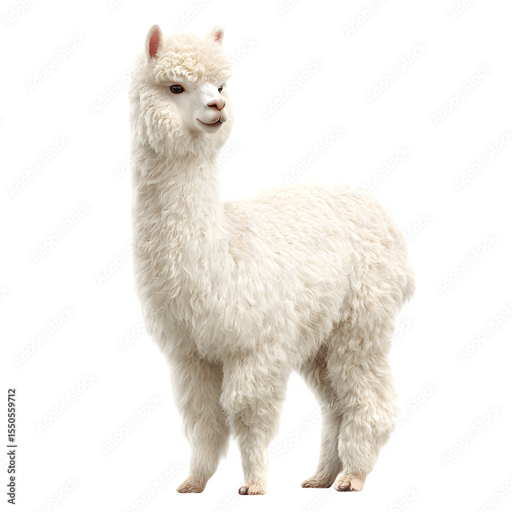 Fototapeta premium A fluffy alpaca standing upright, soft white fleece, long neck and curious expression. Emphasize the wooly texture and clean profile. 8K, high detail, ultra-sharp, transparent background style