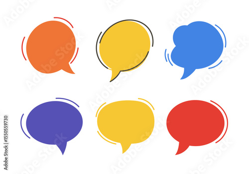 The image shows six speech bubbles in various colors and shapes arranged in two rows