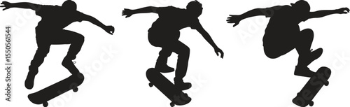 Silhouette skateboarder set. Trick, ramp, helmet, extreme sport vector illustration isolate on white background
