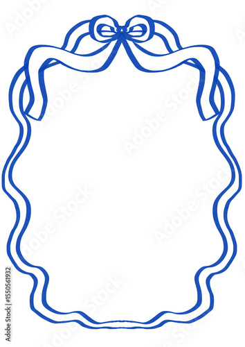 Elegant wavy rectangle frame decorated with a cute bow on top, perfect for invitations, scrapbooking, and girly designs in blue