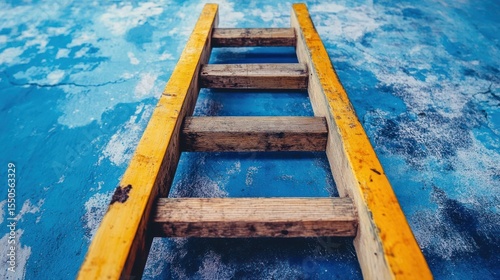 Wooden Ladder Against a Blue Wall: A Symbol of Progress and Aspiration