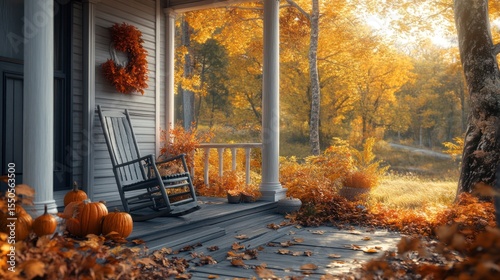 Autumnal Serenity: A Rocking Chair on a Porch Overlooking Golden Fall Foliage