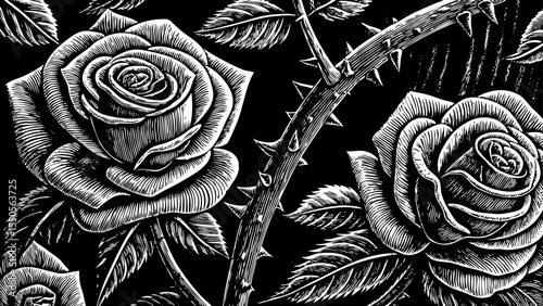 Blooming rose with detailed petals and thorns along the curved stem, a black and white sketch vector hand drawn