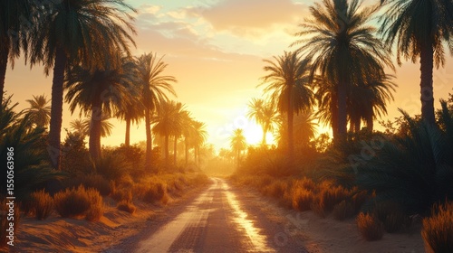 Sunset Oasis: Golden Hour on a Palm-Lined Road