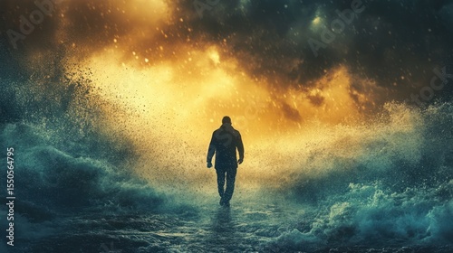 Man Walking Towards a Stormy Sunset