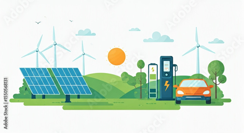 Sustainable energy landscape with electric vehicle charging station.