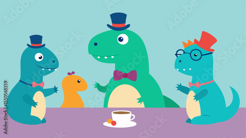 Charming Conversation A delightful scene of four dinosaurs engaged in animated conversation around a quaint table. One dinosaur wears spectacles and a bowtie another has a floral