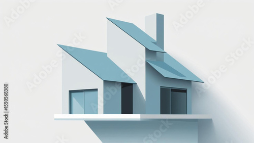 Minimalist rendering of a modern house with a blue roof and white walls, casting a shadow on a white surface.