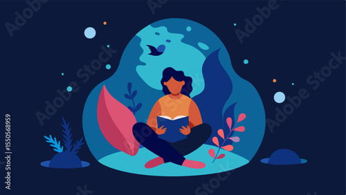 Cozy Undersea Nook A person is depicted sitting crosslegged in a bubble shaped alcove formed by vibrant seaweed. They are engrossed in a book surrounded by curious fish peeking in.