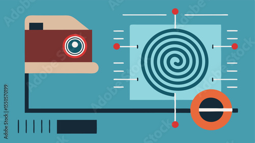 Detailed Evidence Capture A closeup view of a forensic camera capturing a fingerprint on a glass surface with measurement scales and markers p nearby.