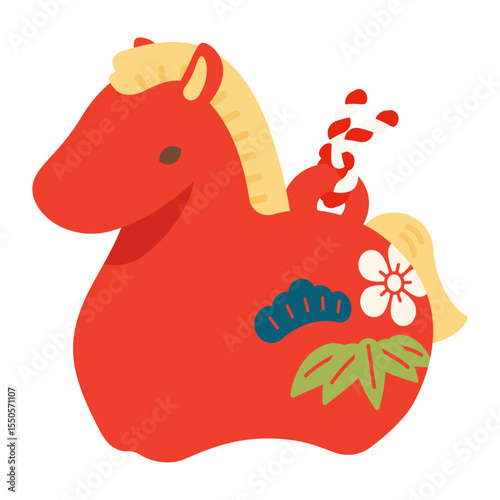 午の縁起物の土鈴赤馬飾り|年賀状お正月素材イラスト