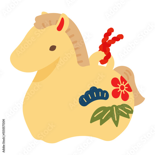 午の縁起物の土鈴金色馬飾り|年賀状お正月素材イラスト
