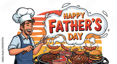 Father's day happy father's day barbecue grill party illustration with dad cooking sausages and steak for celebration vector