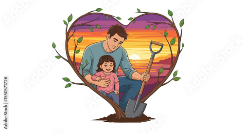 Father's day father and daughter planting tree together illustration family love nature environment conservation concept vector
