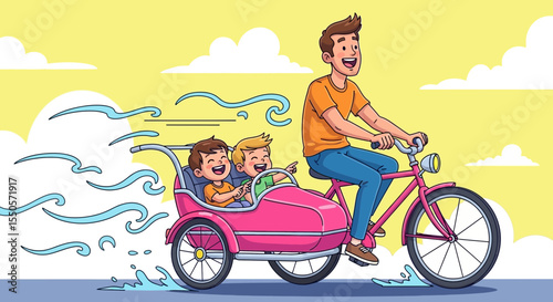 Father's day cartoon father and children riding bicycle with sidecar vector illustration family fun outdoor activity scene vector
