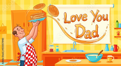 Father's day father's day breakfast pancakes recipe ideas for dad homemade food love you dad kitchen scene illustration vector