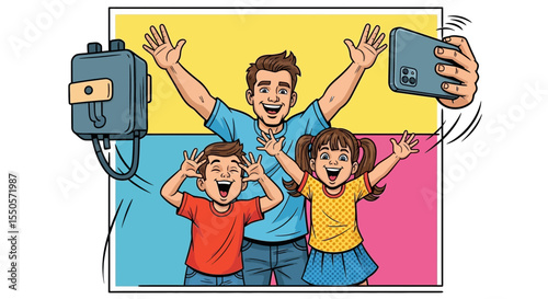 Father's day family selfie with father children and water heater in pop art style vector illustration design concept vector