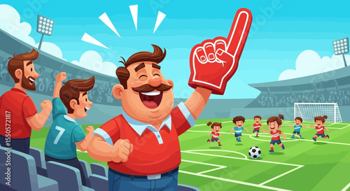 Father's day excited soccer fans cheering at a kids soccer game in a stadium with foam finger and soccer ball vector
