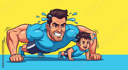 Father's day father and son doing pushups together fitness workout training family exercise motivation healthy lifestyle vector