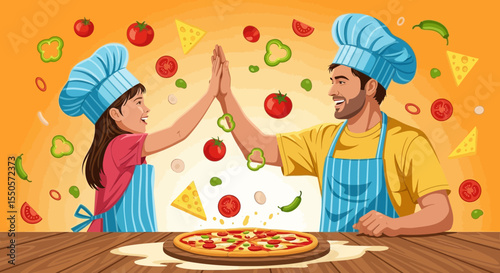 Father's day family pizza making fun with dad and daughter chef hats and aprons celebrate together homemade pizza success vector