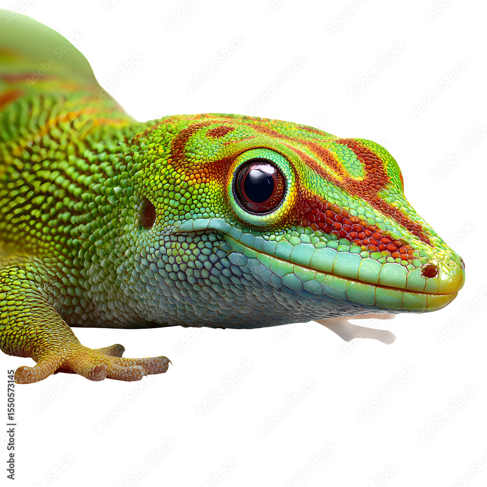 Fototapeta premium A Madagascar day gecko with bright green skin and red markings, head turned in alert gaze. Highlight tropical light and skin shimmer. 8K, high detail, ultra-sharp, transparent background style