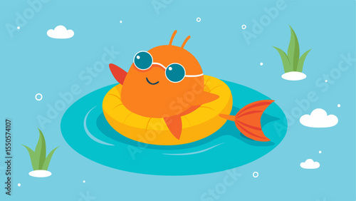 Chill Out Scene A cheerful fish wearing sleek reflective sunglasses relaxes atop a colorful inflatable raft shaped like a star. The fishs fins are slightly spread out and it is