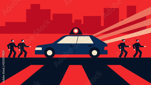 Crossing Traffic Lights A dramatic moment where the police car races through a red light narrowly avoiding other vehicles with alarmed pedestrians looking on.