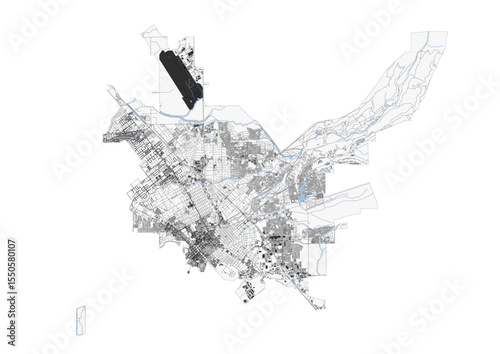 Chico map showcasing highways, buildings, and waterways. Detailed vector illustration for urban planning or decor