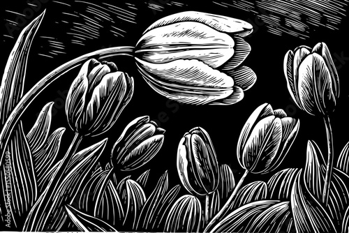 Tulip bending gently in the breeze, with closed and open buds, a black and white sketch vector hand drawn
