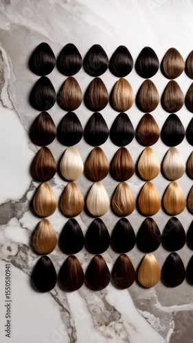 Hair samples arranged in rows on a marble surface, displaying an array of colors from blonde to brown to dark black tones.