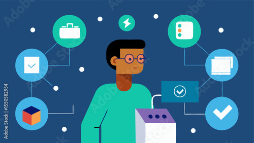 An image depicting a visually impaired person using a voting machine with audio feedback connected to a blockchain with inclusive technology icons.