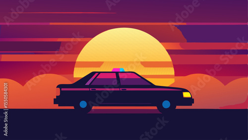 Dusk Patrol A police car silhouetted against a vibrant sunset with its flashing lights contrasting beautifully with the colorful sky.