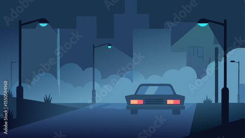 Foggy Night Encounter A police car with blinking lights in a foggy street the colors diffusing through the mist illuminating the outlines of nearby parked cars and streetlights.