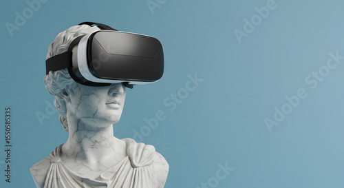 Marble sculpture with virtual reality headset on blue background for digital future technology art concept and modern immersive experience