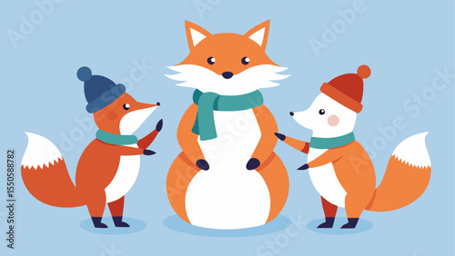 Decorating the Snowman A trio of foxes surrounds a partially built snowman each contributing to its decoration. One fox is placing a carrot on the snowmans face for the nose while