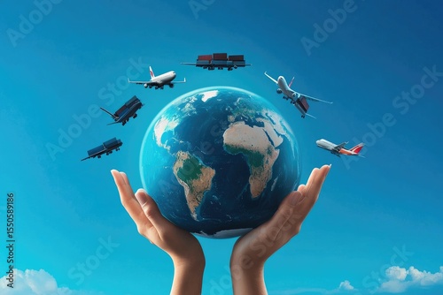 Earth held by hands, surrounded by planes and trucks