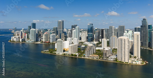Aerial view of Brickell skyline in downtown Miami. Scenic panorama of Brickell financial district.