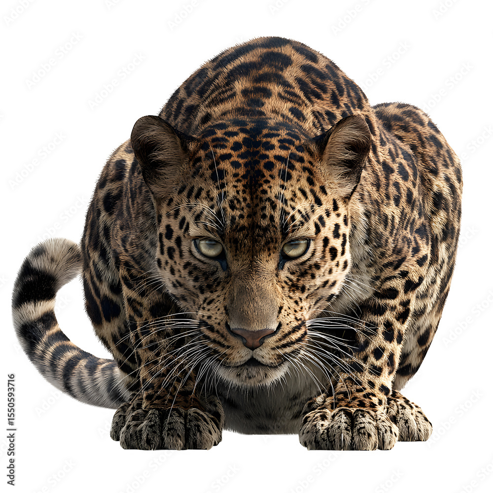 Obraz premium A spotted leopard crouching as if ready to pounce, eyes locked forward, with tail curled in the back. Highlight the rosette pattern usin