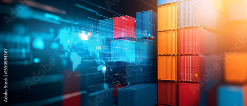 Digital representation of global trade with shipping containers and a holographic world map highlighting international logistics and supply chain connections.