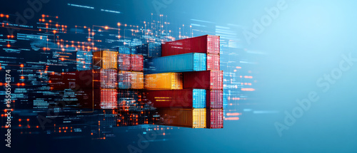 Digital illustration of shipping containers merging with data streams, symbolizing logistics, technology, and supply chain integration.