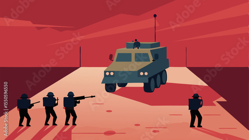 Exit Strategy A view of the armored vehicle about to turn a corner with team members prepared in various positions emphasizing tactical readiness before reaching the target area.