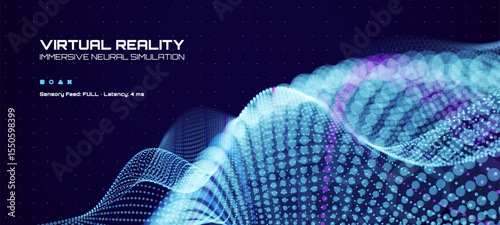 Virtual reality immersive neural simulation tech science vector background with abstract blue digital waves and purple dots. Vector graphics. 