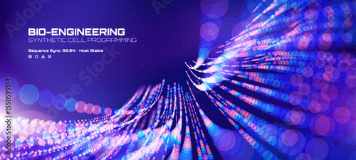 Bio-engineering and synthetic cell programming abstract background with glowing circles and data visualization for science presentations. Vector graphics. 
