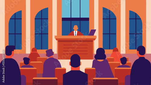 Courtroom Artwork An artistic representation of a courtroom setting featuring tall windows wooden decor and chairs filled with people observing the proceedings.