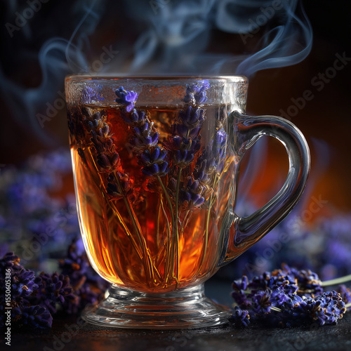 glass mug of hot lavender herbal tea