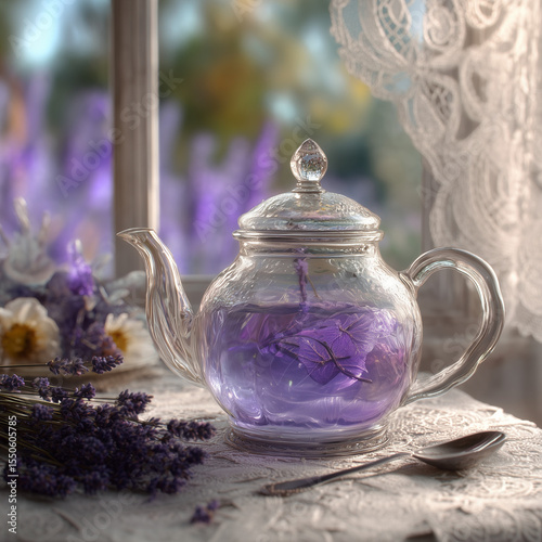 clear teapot with lavender tea 