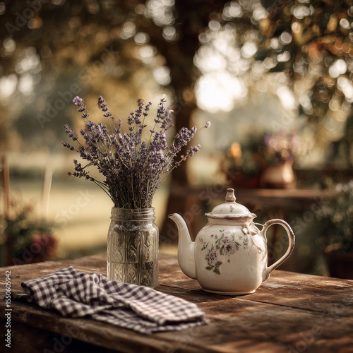 vintage teapot and lavender bouquet on rustic table
