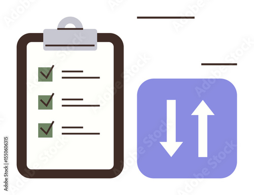 Clipboard with completed checklist beside blue arrows indicating upward and downward movement. Ideal for productivity, organization, workflow management, prioritization, efficiency, decision-making